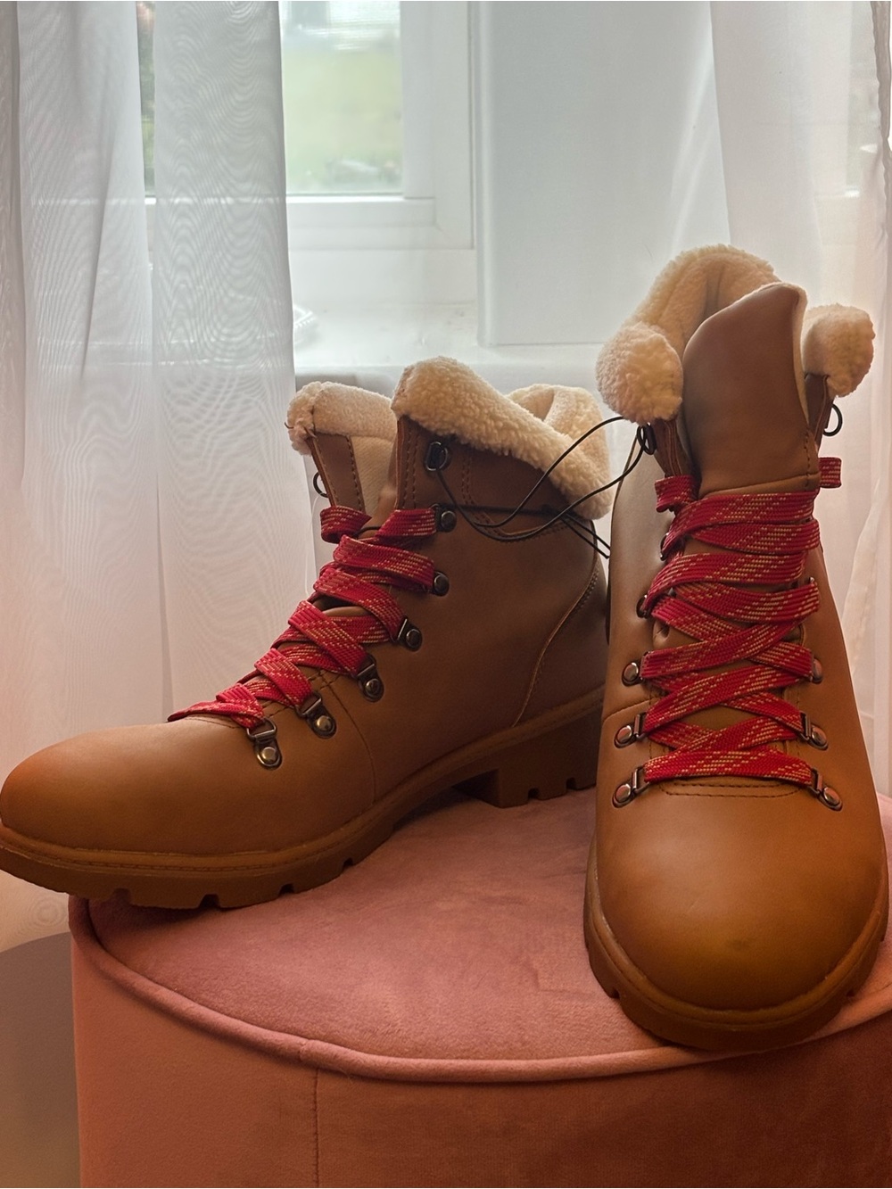 Time and Tru Tan Faux-Shearling Memory Foam Hiking Boots with Red Laces